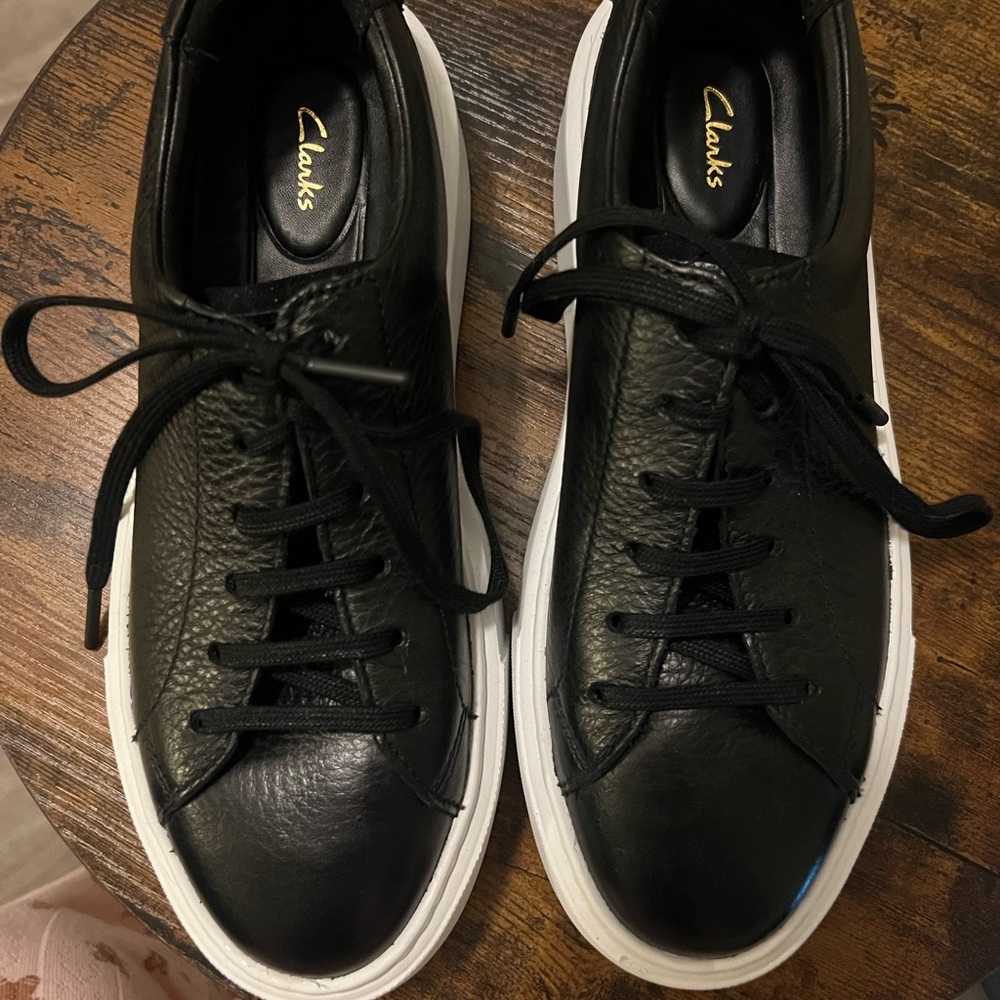 NWOT Clarks Black Leather Sneakers with White Soles